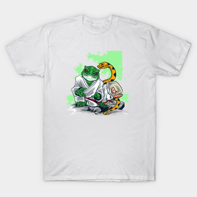 Crazy Kung fu Frog Snake and Fish Graphic Print T-Shirt by DanDesigns